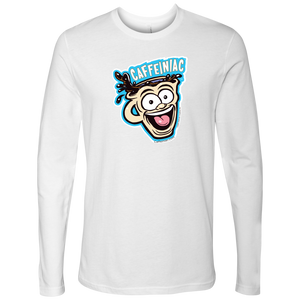 front view of a white Next Level Mens Long Sleeve T-Shirt featuring the original Caffeiniac Dude cup design on the front