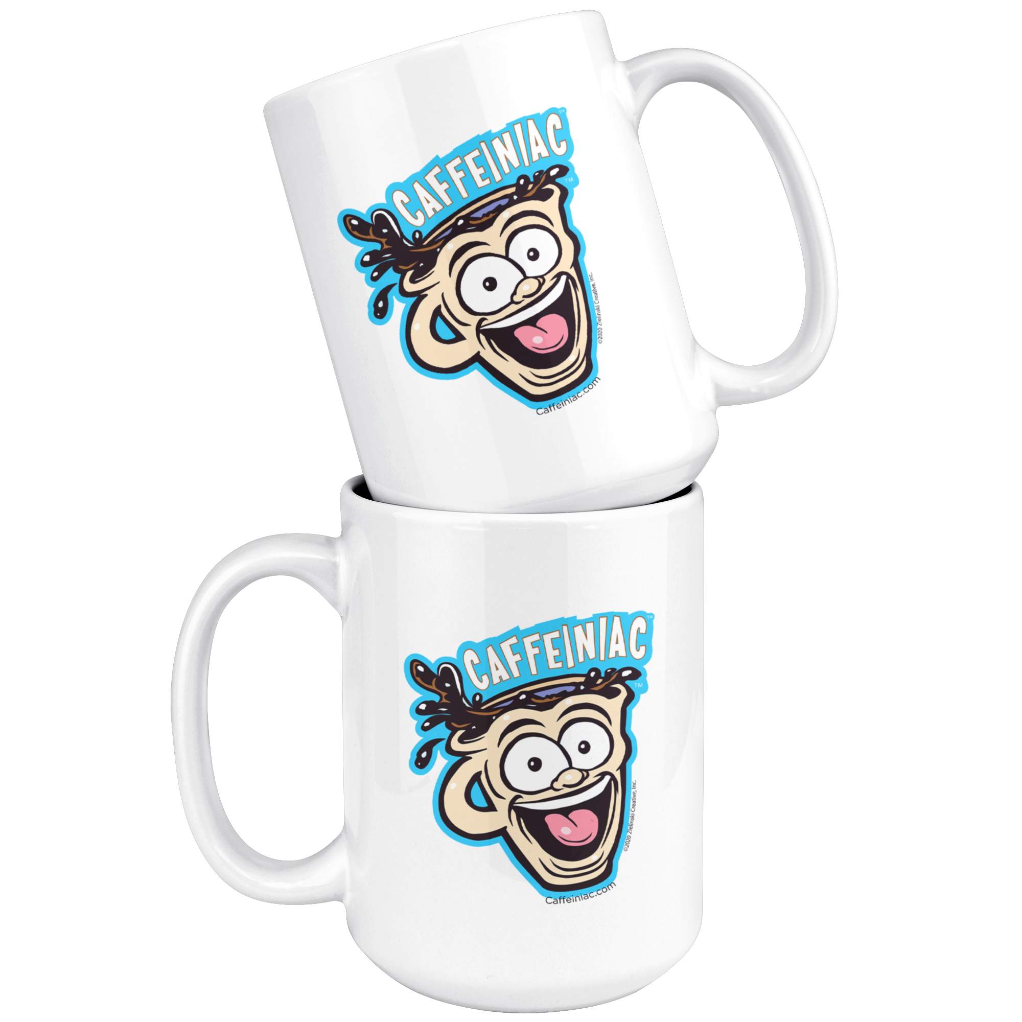 front view of two white ceramic coffee mug with a vibrant Caffeiniac design which is printed on both sides