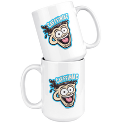 front view of two white ceramic coffee mug with a vibrant Caffeiniac design which is printed on both sides