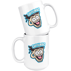 front view of two white ceramic coffee mug with a vibrant Caffeiniac design which is printed on both sides