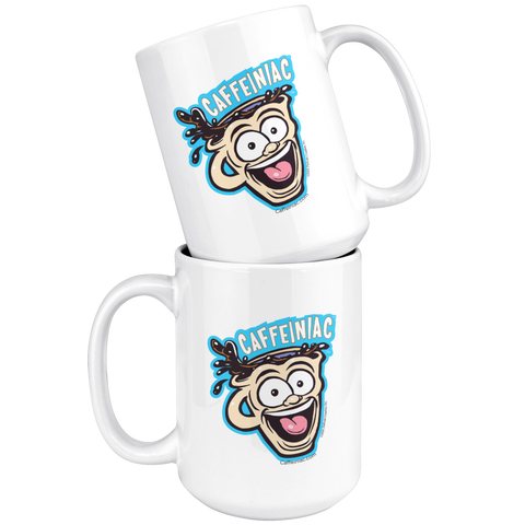 Image of front view of two white ceramic coffee mug with a vibrant Caffeiniac design which is printed on both sides