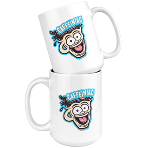 front view of two white ceramic coffee mug with a vibrant Caffeiniac design which is printed on both sides
