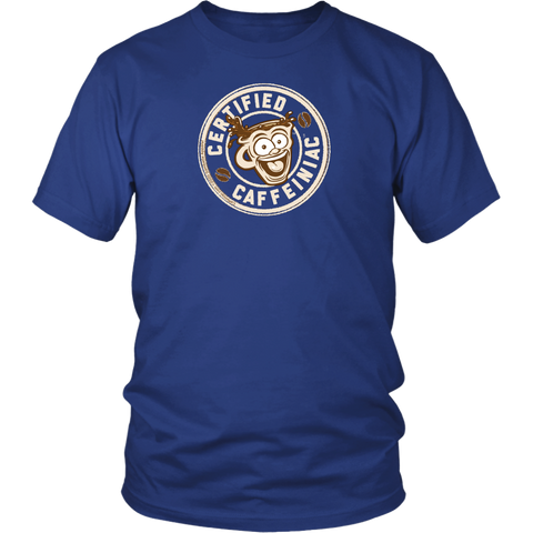 Image of Front view of a men’s blue shirt featuring the Certified Caffeiniac design in tan ink on the front