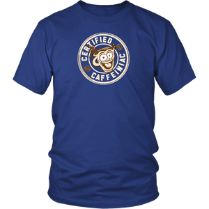 Front view of a men’s blue shirt featuring the Certified Caffeiniac design in tan ink on the front