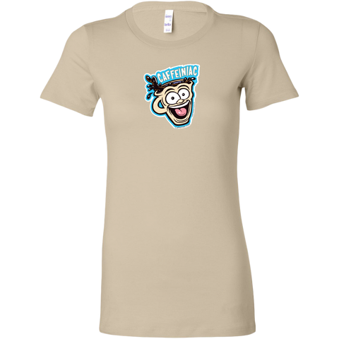 Image of front view of a tan short sleeve womens  shirt featuring the original Caffeiniac dude cup design on the front