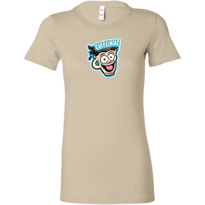 front view of a tan short sleeve womens  shirt featuring the original Caffeiniac dude cup design on the front