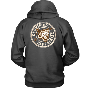 back view of a black hoodie with the Certified Caffeiniac design full size in tan ink