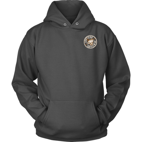 Image of  front view of a grey hoodie with the Certified Caffeiniac design on the front left chest