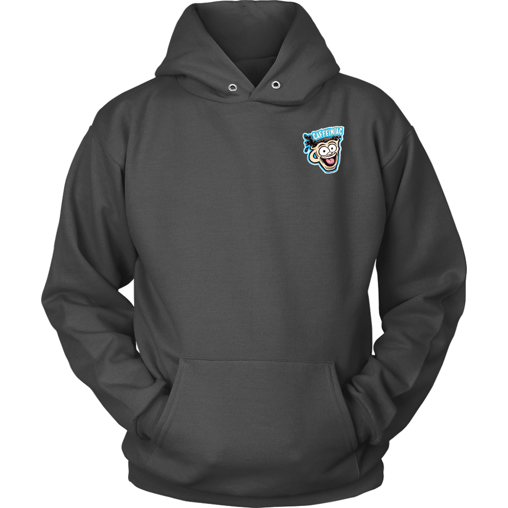 Front view of a grey unisex Hoodie featuring the original Caffeiniac Dude design on the front left chest and full size on the back