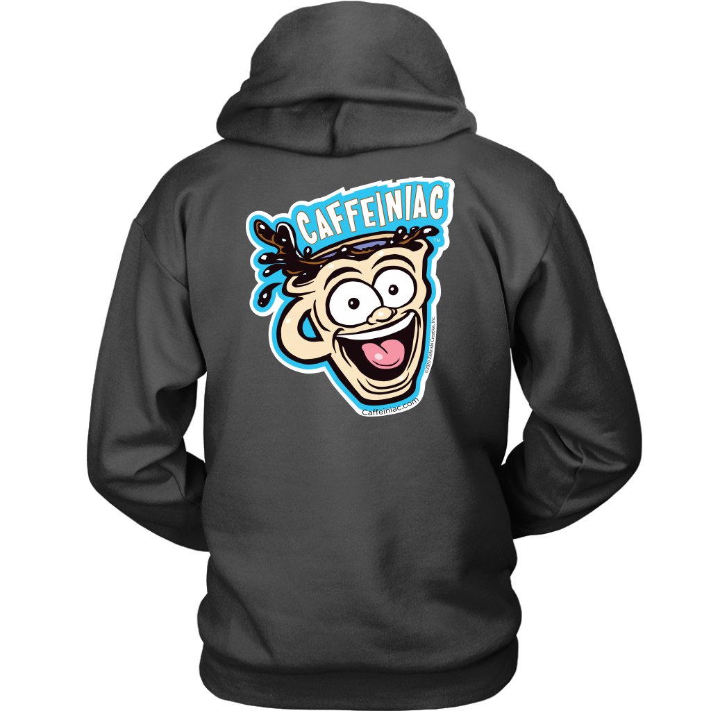 Back view of a grey unisex Hoodie featuring the original Caffeiniac Dude design on the front left chest and full size on the back