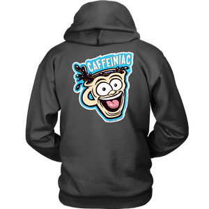 Back view of a grey unisex Hoodie featuring the original Caffeiniac Dude design on the front left chest and full size on the back