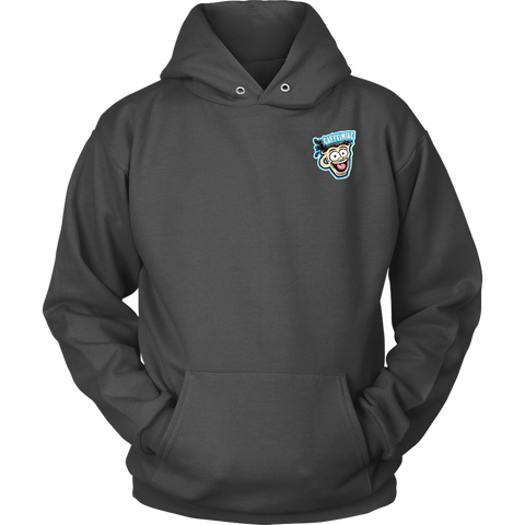 Image of Front view of a grey unisex Hoodie featuring the original Caffeiniac Dude design on the front left chest and full size on the back
