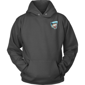 Front view of a grey unisex Hoodie featuring the original Caffeiniac Dude design on the front left chest and full size on the back