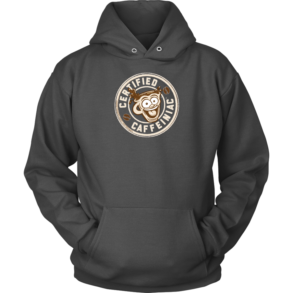 front view of a grey unisex hoodie with the Certified Caffeiniac design on front in tan ink