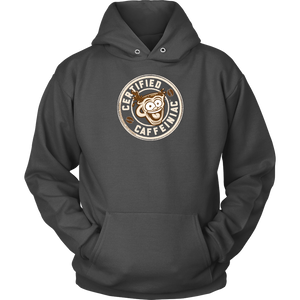 front view of a grey unisex hoodie with the Certified Caffeiniac design on front in tan ink
