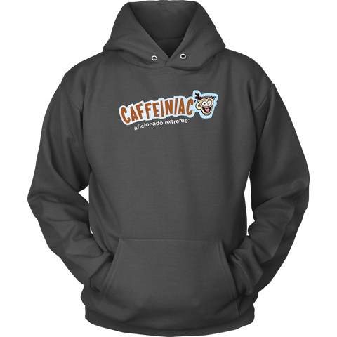 Image of front view of a grey unisex hoodie featuring the caffeiniac aficionado extreme design on the front