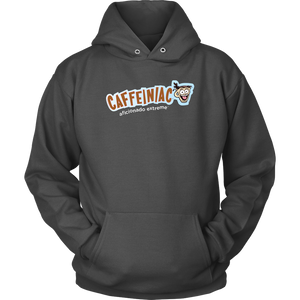 front view of a grey unisex hoodie featuring the caffeiniac aficionado extreme design on the front