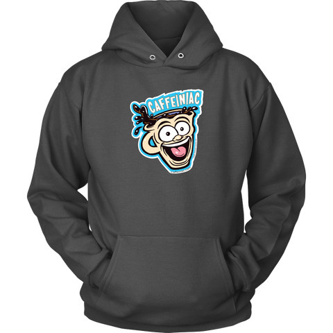 Image of Front view of a grey unisex Hoodie featuring the original Caffeiniac Dude cup design on the front