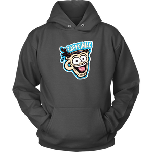 Front view of a grey unisex Hoodie featuring the original Caffeiniac Dude cup design on the front