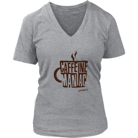 Image of a womens grey v-neck shirt featuring the original coffee lover's design "Caffeine Maniac" by Caffeiniac on the front.