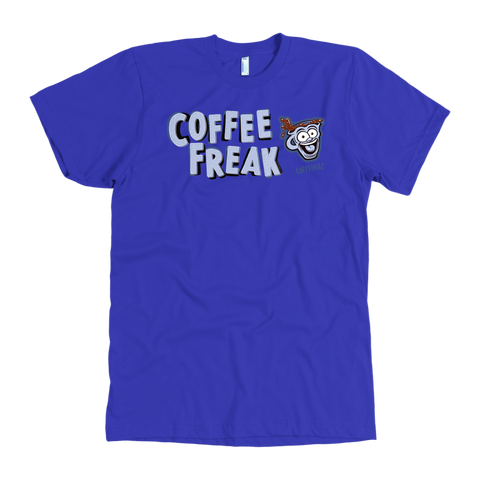 Image of front view of a men's  royal blue Caffeiniac t-shirt featuring the Coffee Freak design