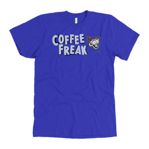 front view of a men's  royal blue Caffeiniac t-shirt featuring the Coffee Freak design