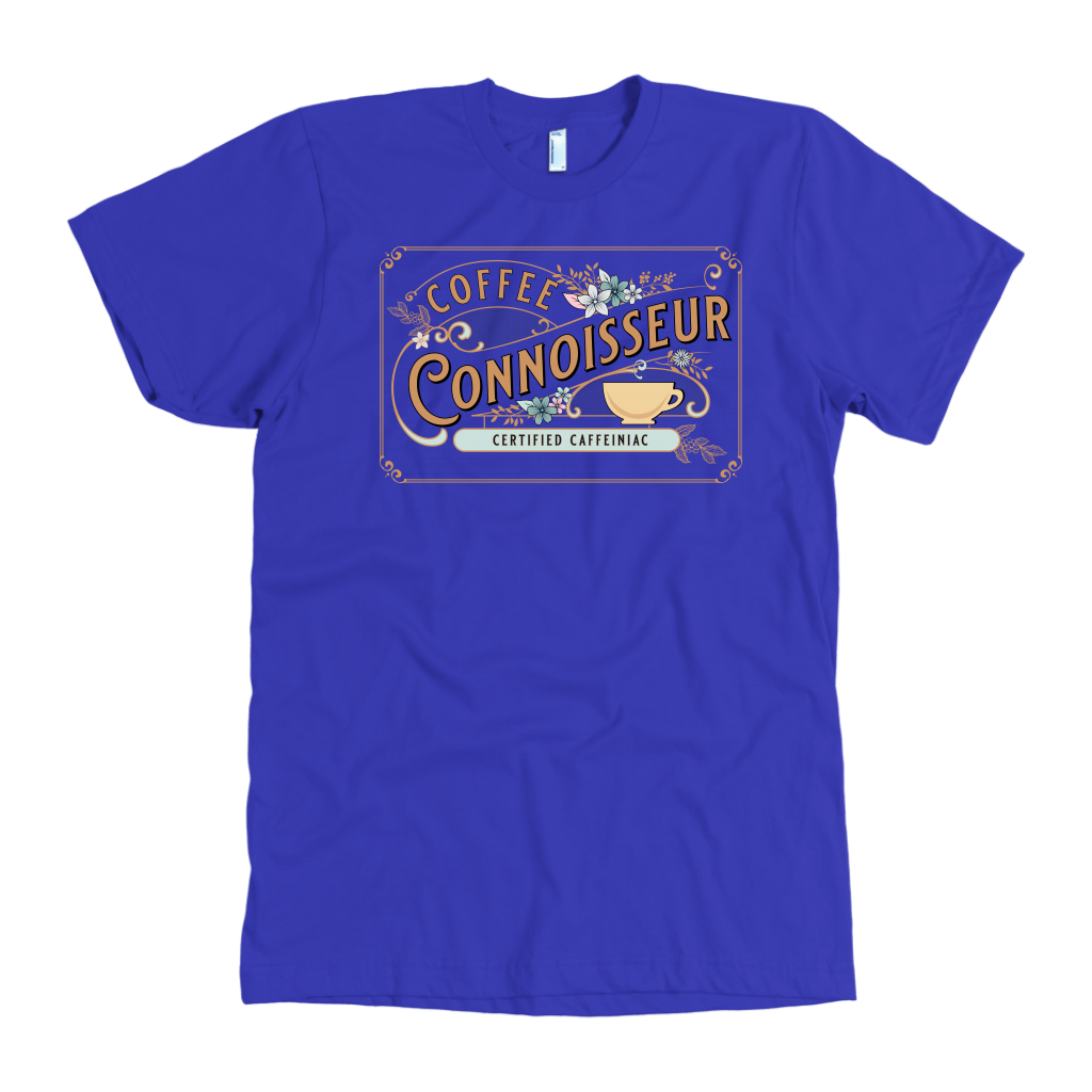 the front view of a man's vintage royal blue t-shirt with the Coffee Connoisseur design by Caffeiniac