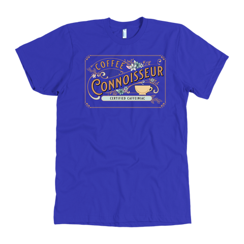 Image of the front view of a man's vintage royal blue t-shirt with the Coffee Connoisseur design by Caffeiniac