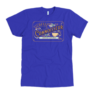 the front view of a man's vintage royal blue t-shirt with the Coffee Connoisseur design by Caffeiniac