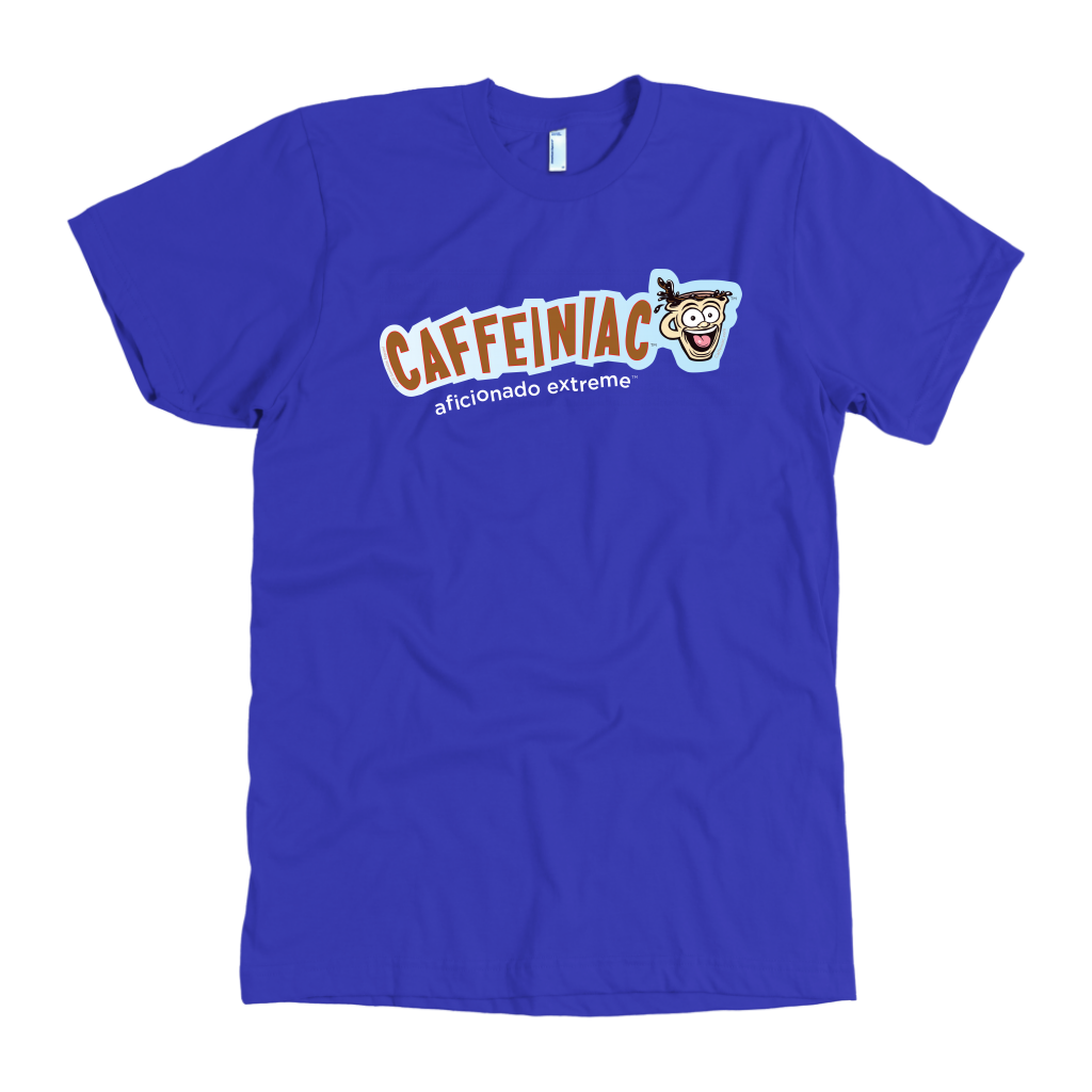 front view of a royal blue t-shirt with the Caffeiniac aficionado extreme design
