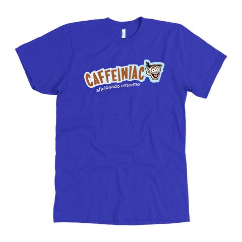 Image of front view of a royal blue t-shirt with the Caffeiniac aficionado extreme design