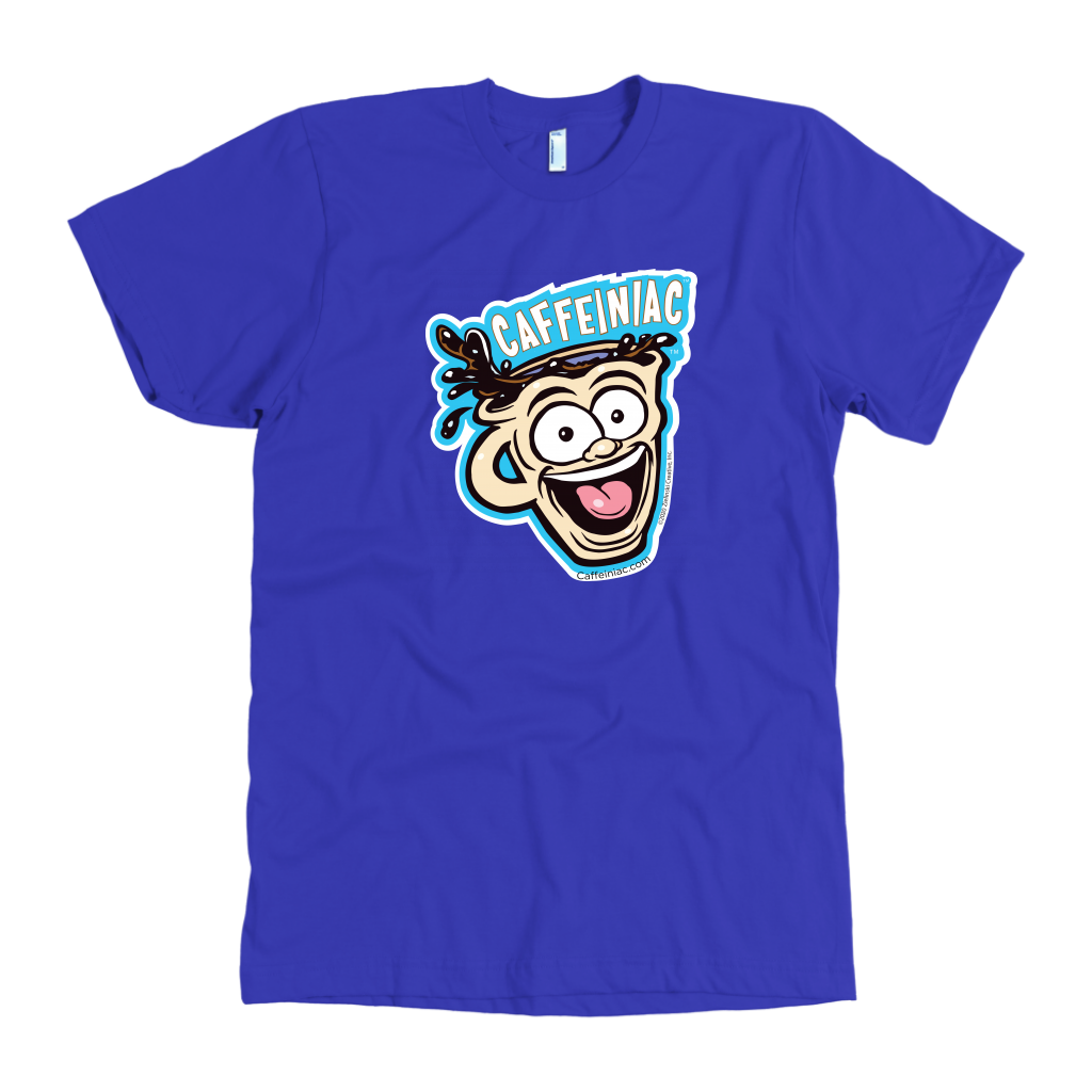front view of a royal blue mens t-shirt featuring the original Caffeiniac dude cup design