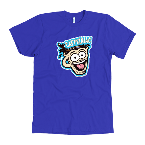 Image of front view of a royal blue mens t-shirt featuring the original Caffeiniac dude cup design