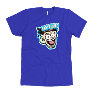 front view of a royal blue mens t-shirt featuring the original Caffeiniac dude cup design