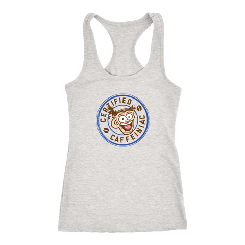 Image of front view of a light grey racerback tank top featuring the Certified Caffeiniac design on the front 