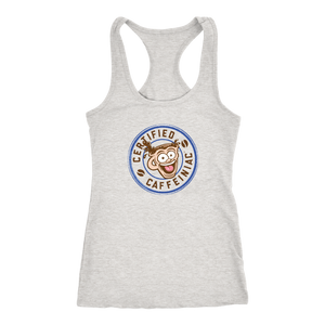 front view of a light grey racerback tank top featuring the Certified Caffeiniac design on the front 