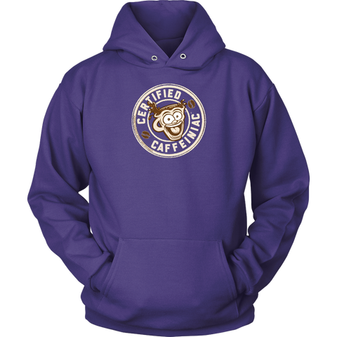 Image of front view of a black purple hoodie with the Certified Caffeiniac design on front in tan ink