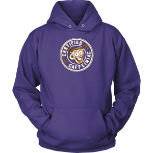 front view of a black purple hoodie with the Certified Caffeiniac design on front in tan ink