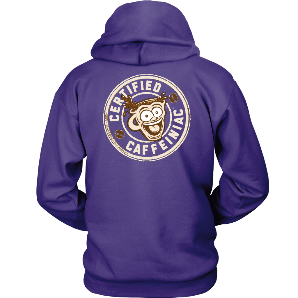 back view of a black hoodie with the Certified Caffeiniac design full size on the back in tan ink