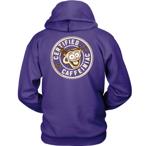 back view of a black hoodie with the Certified Caffeiniac design full size on the back in tan ink
