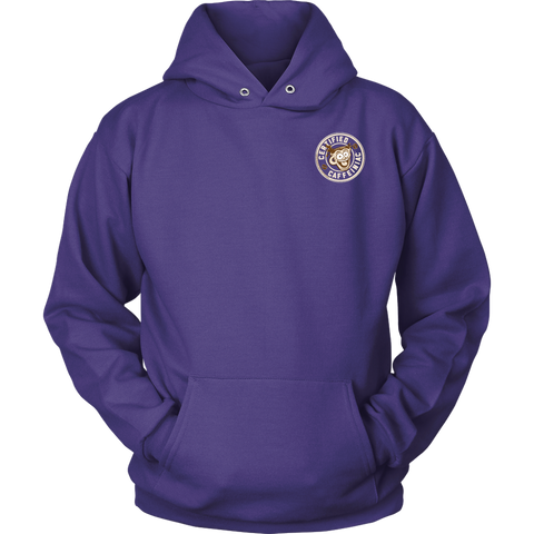 Image of  front view of a purple hoodie with the Certified Caffeiniac design on the front left chest