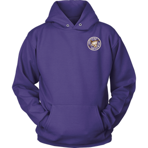  front view of a purple hoodie with the Certified Caffeiniac design on the front left chest