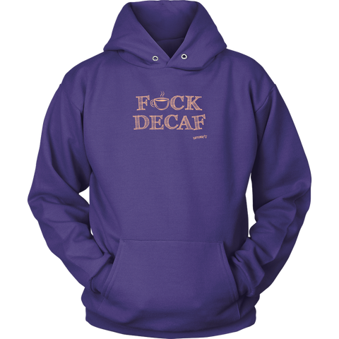 Image of front view of a purple hoodie with the original Caffeiniac design F_CK DECAF on the front in tan ink