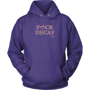 front view of a purple hoodie with the original Caffeiniac design F_CK DECAF on the front in tan ink