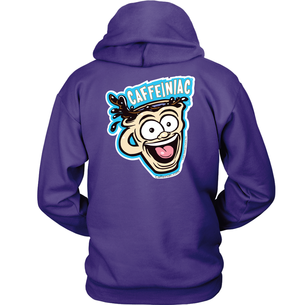 back view of a purple unisex Hoodie featuring the original Caffeiniac Dude design on the front left chest and full size on the back