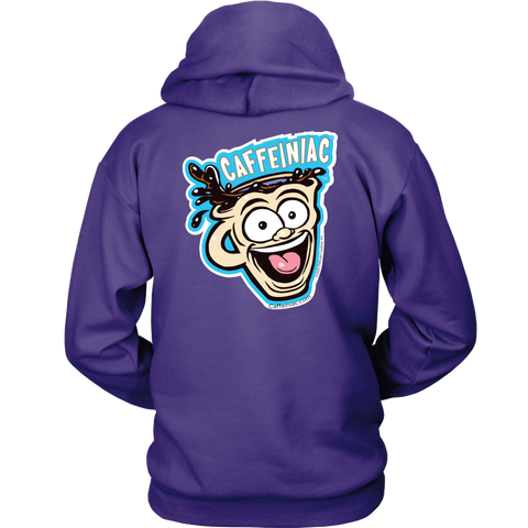 Image of back view of a purple unisex Hoodie featuring the original Caffeiniac Dude design on the front left chest and full size on the back