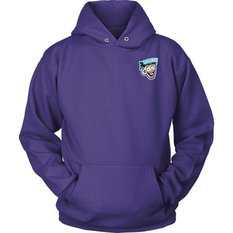 Image of Front view of a purple unisex Hoodie featuring the original Caffeiniac Dude design on the front left chest and full size on the back