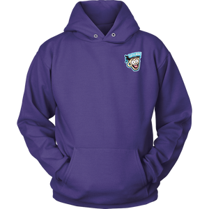 Front view of a purple unisex Hoodie featuring the original Caffeiniac Dude design on the front left chest and full size on the back