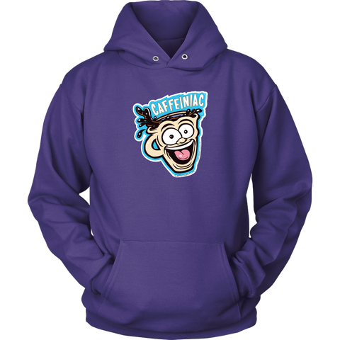 Image of Front view of a purple unisex Hoodie featuring the original Caffeiniac Dude cup design on the front
