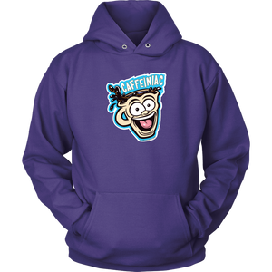 Front view of a purple unisex Hoodie featuring the original Caffeiniac Dude cup design on the front